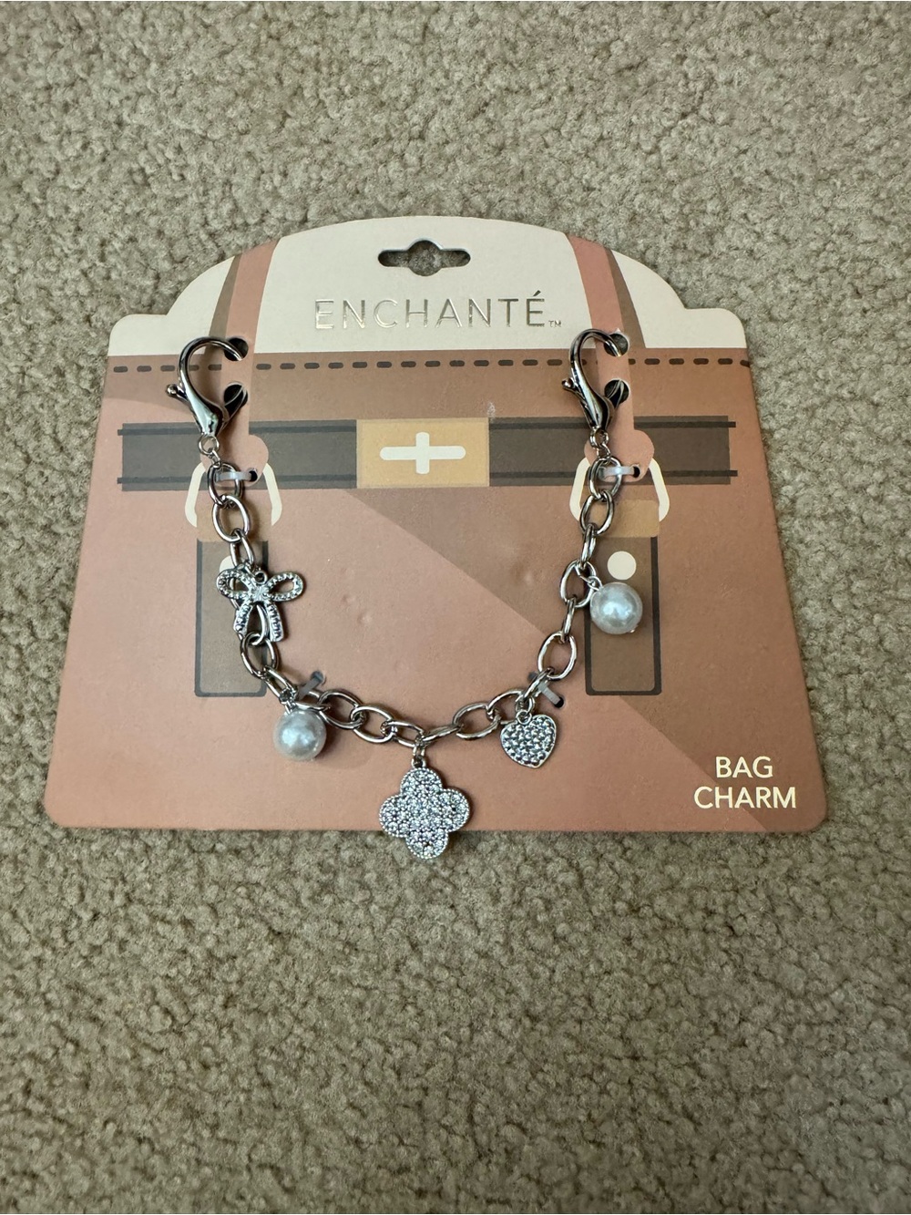 Enchante Silver-Tone Crystal & Pearl Bag Charm Bracelet